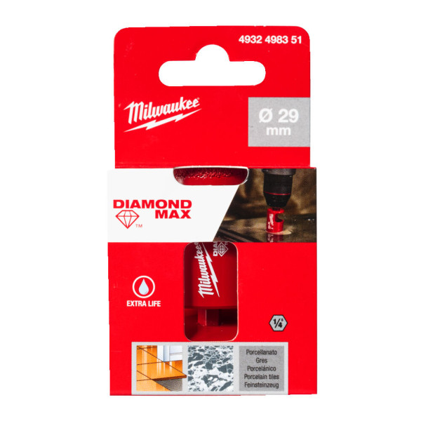 Коронка алмазная MILWAUKEE Diamond Plus/Max, диаметр 29,0мм (1/4'' Hex) (сверление с водой) (4932498351)