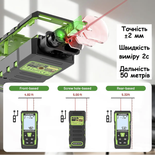 Лазерный дальномер Huepar SW-T50, 3-в-1 (дальномер + уровень + рулетка 2 м.) (449020)