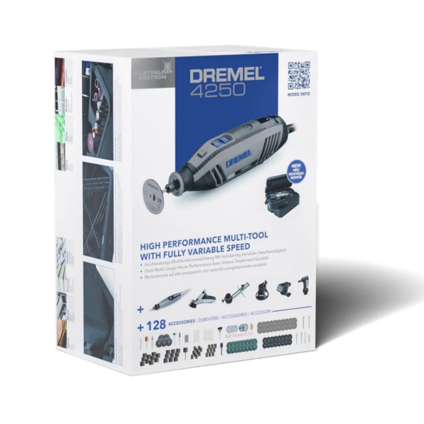 Многофункциональный инструмент Dremel 4250 Platinum с 6 насадками и 128 аксессуарами в кейсе (F0134250JS)